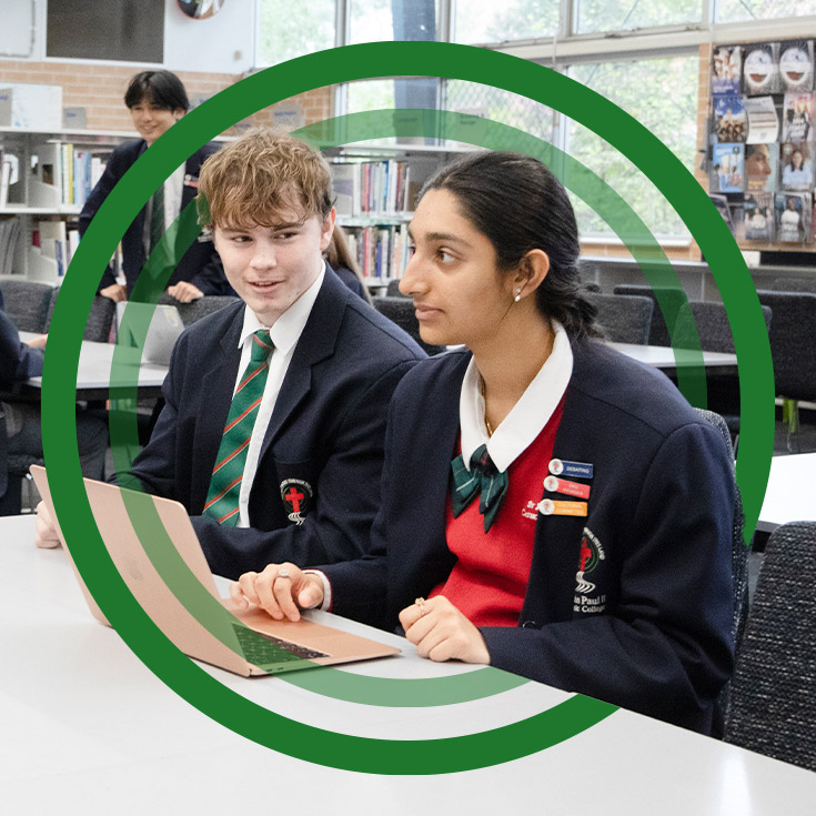 Students studying together in the library at St John Paul II Catholic College Schofields